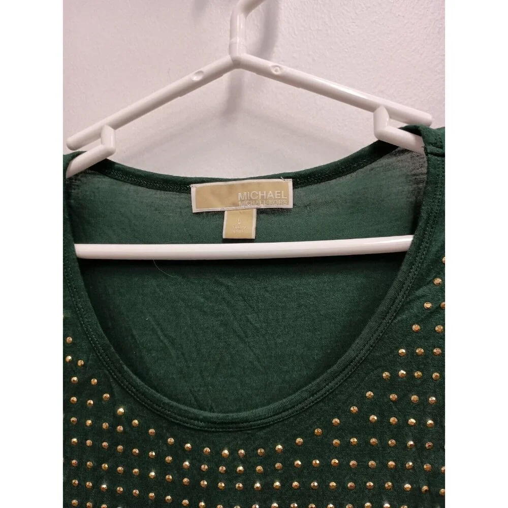 Michael Michael Kors Womens Top Large Green Gold Studded Short Sleeve Pocket Tee